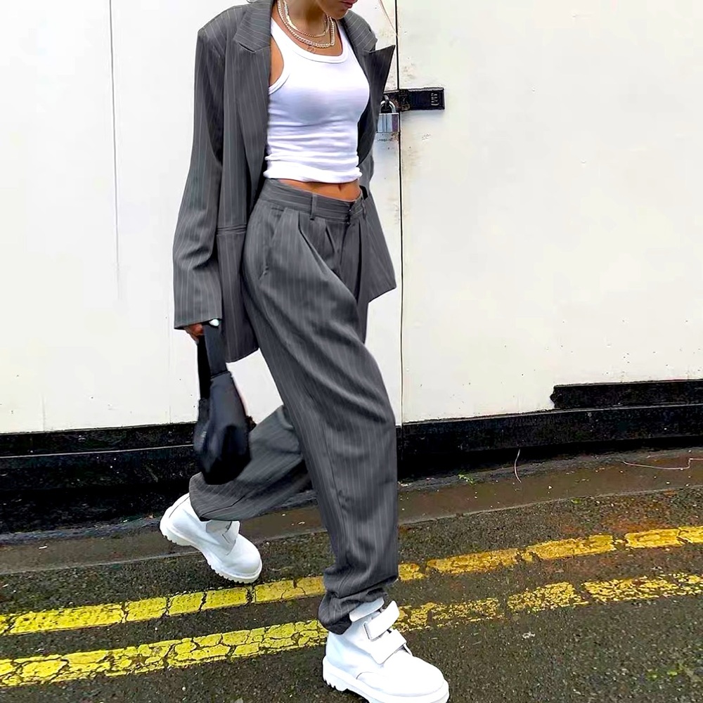 Grey Pin Stripe High Waisted Dress Pants